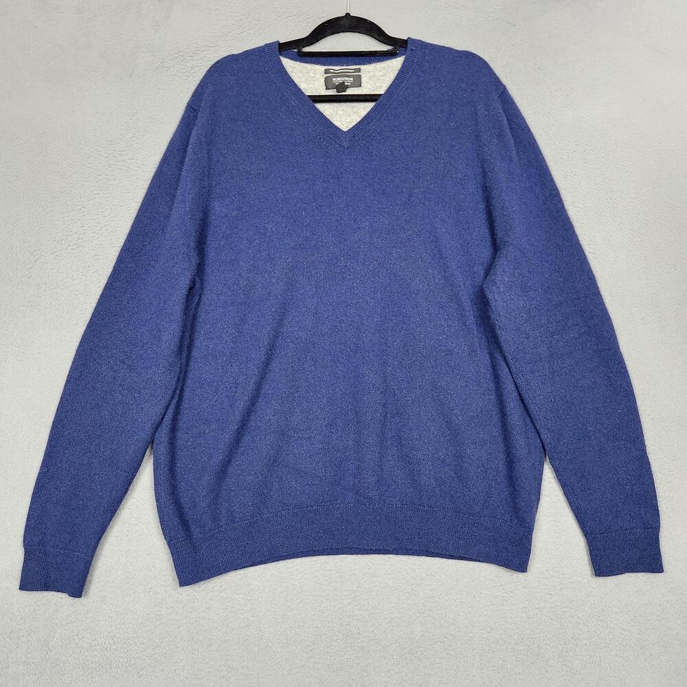 Nordstrom Men's Shop Sweater Mens 2XL Blue 100% Cashmere V Neck Knit Pullover